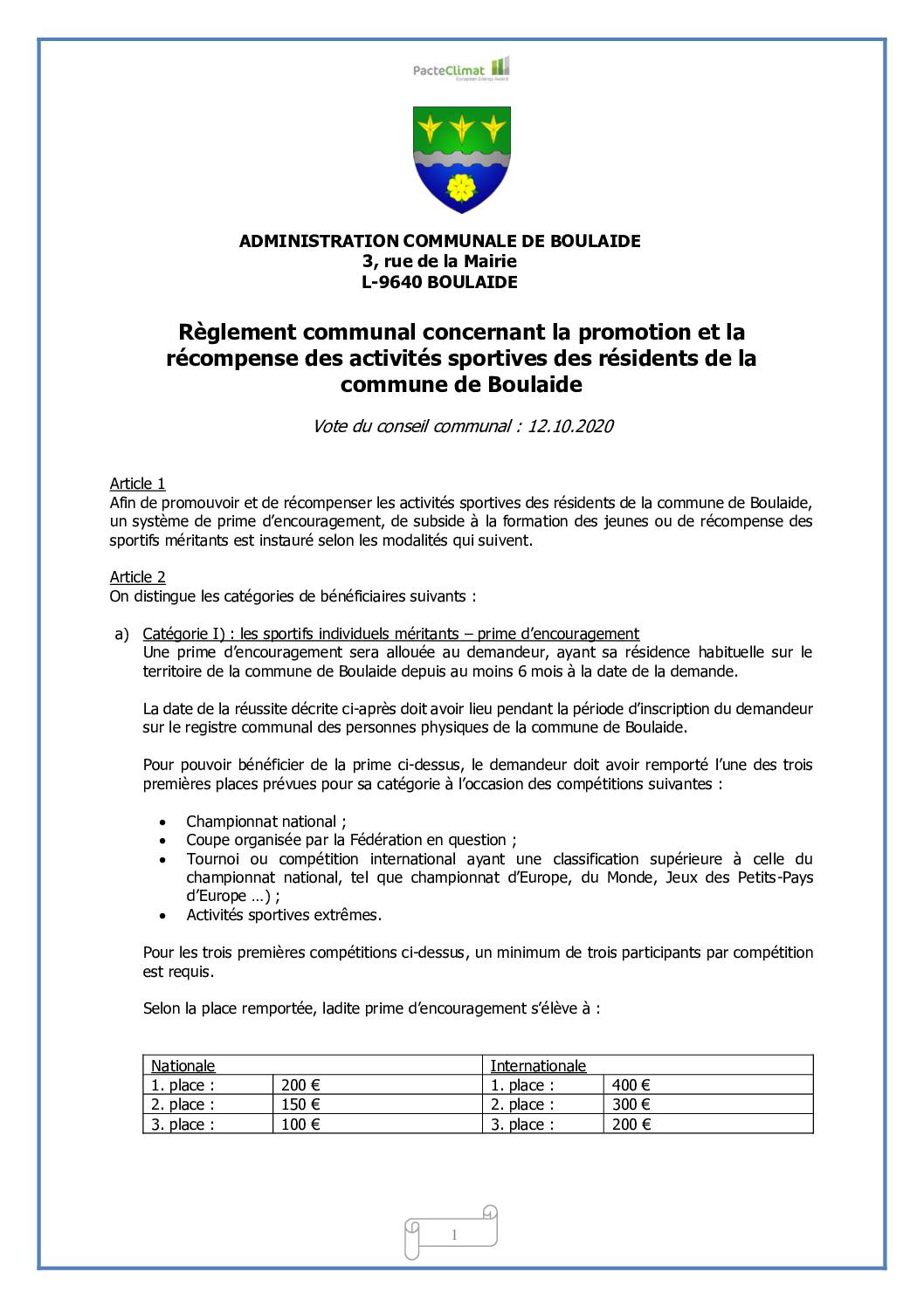 Règlement communal concernant la promotion des activités sportives des résidents de la commune de Boulaide du 12.10.2020