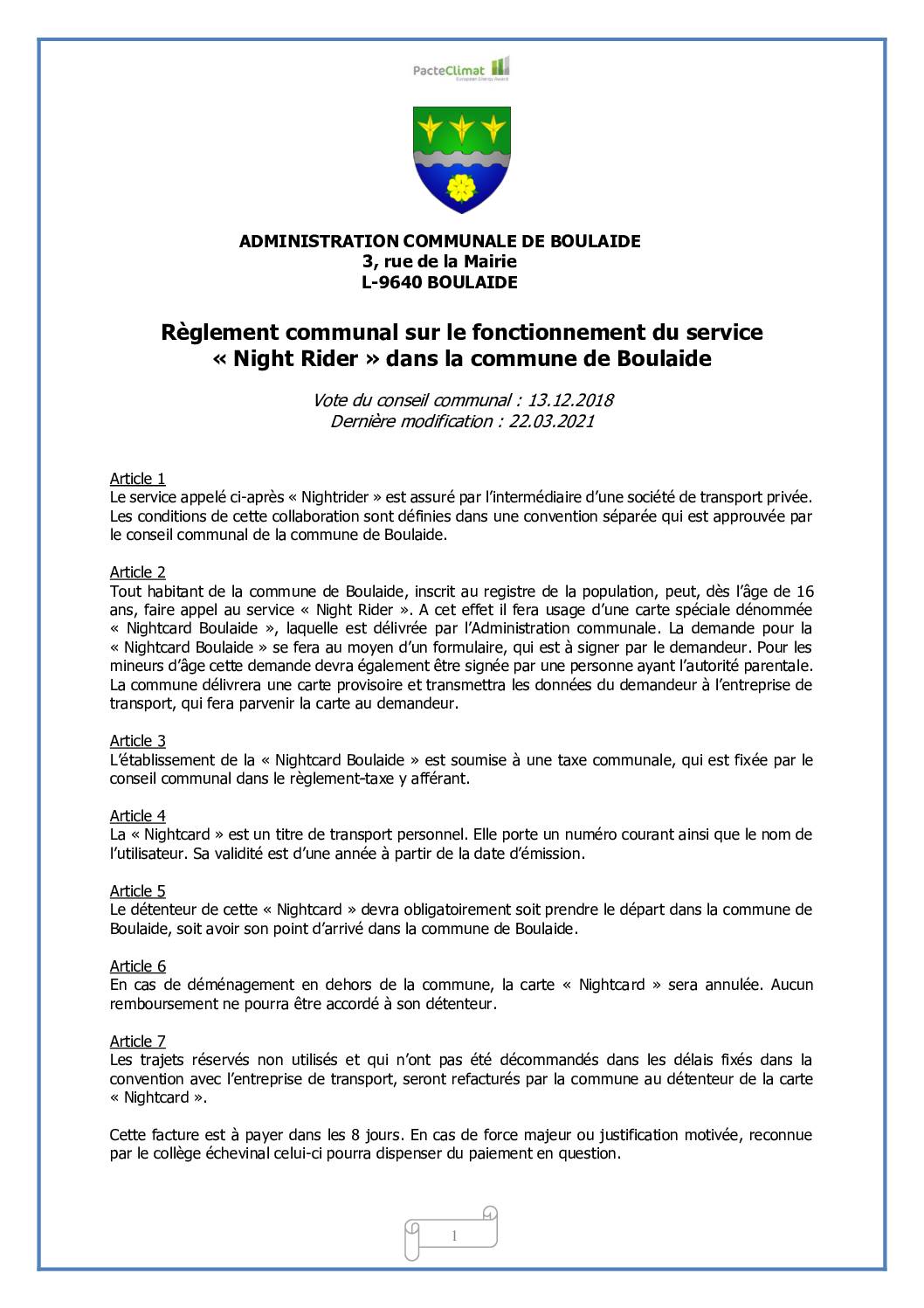Règlement communal sur le fonctionnement du service « Night Rider » dans la commune de Boulaide du 22.03.2021