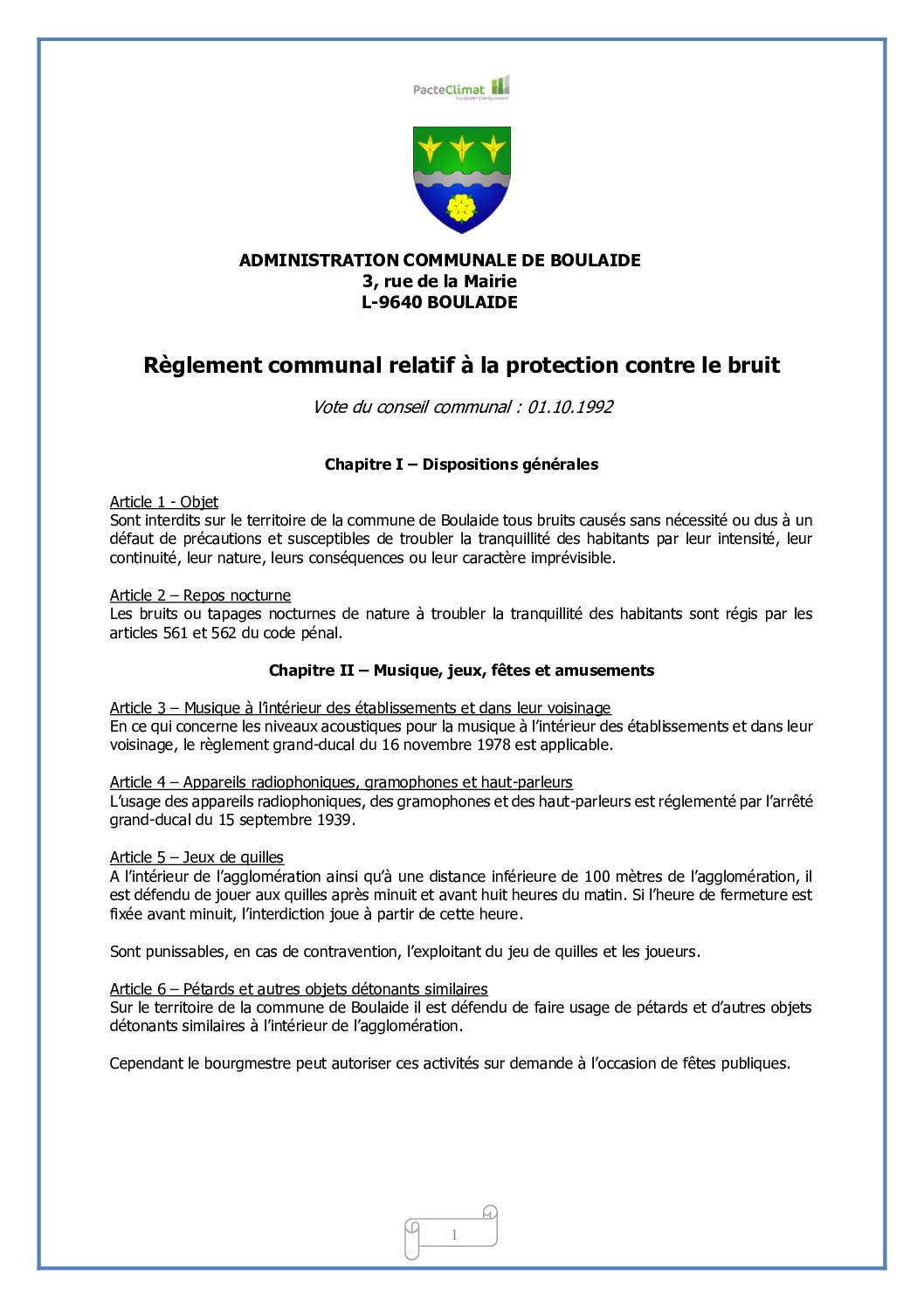Règlement communal relatif à la protection contre le bruit du 01.10.1992