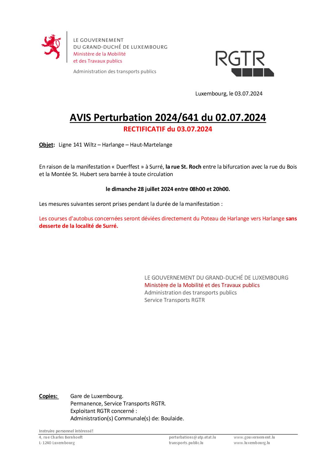 RGTR - Avis de perturbation - Surré - Rue St. Roch - 2024-07-28 (Rectificatif)
