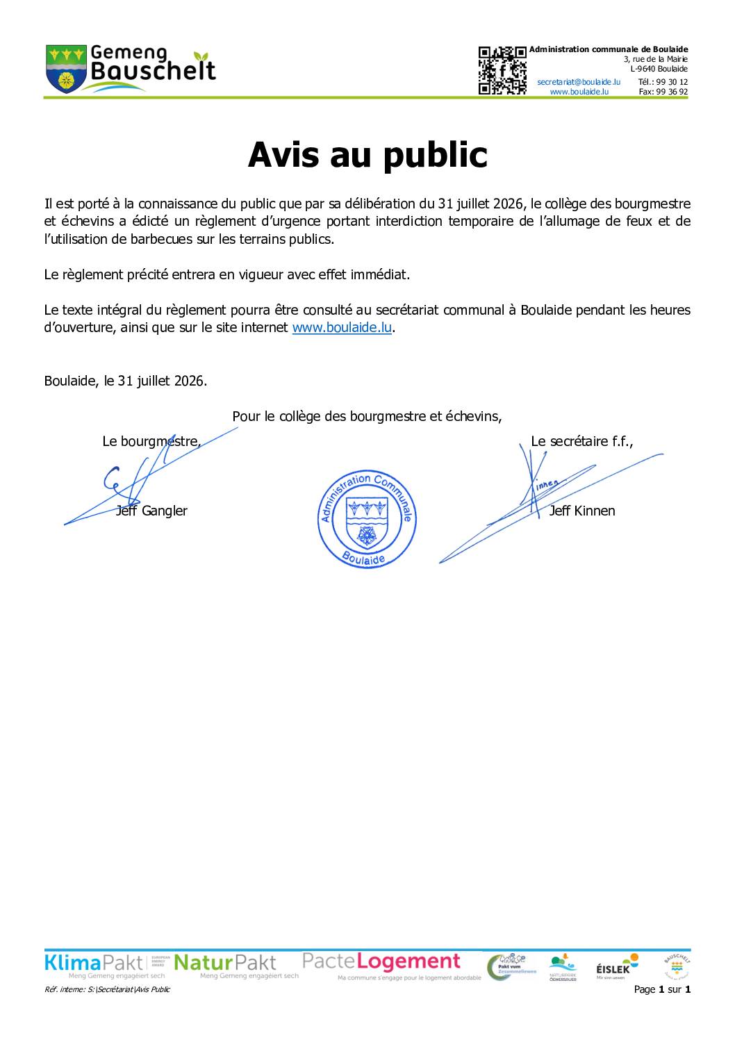Avis au public - Règlement d’urgence portant interdiction temporaire de l’allumage de feux et de l’utilisation de barbecues sur les terrains publics