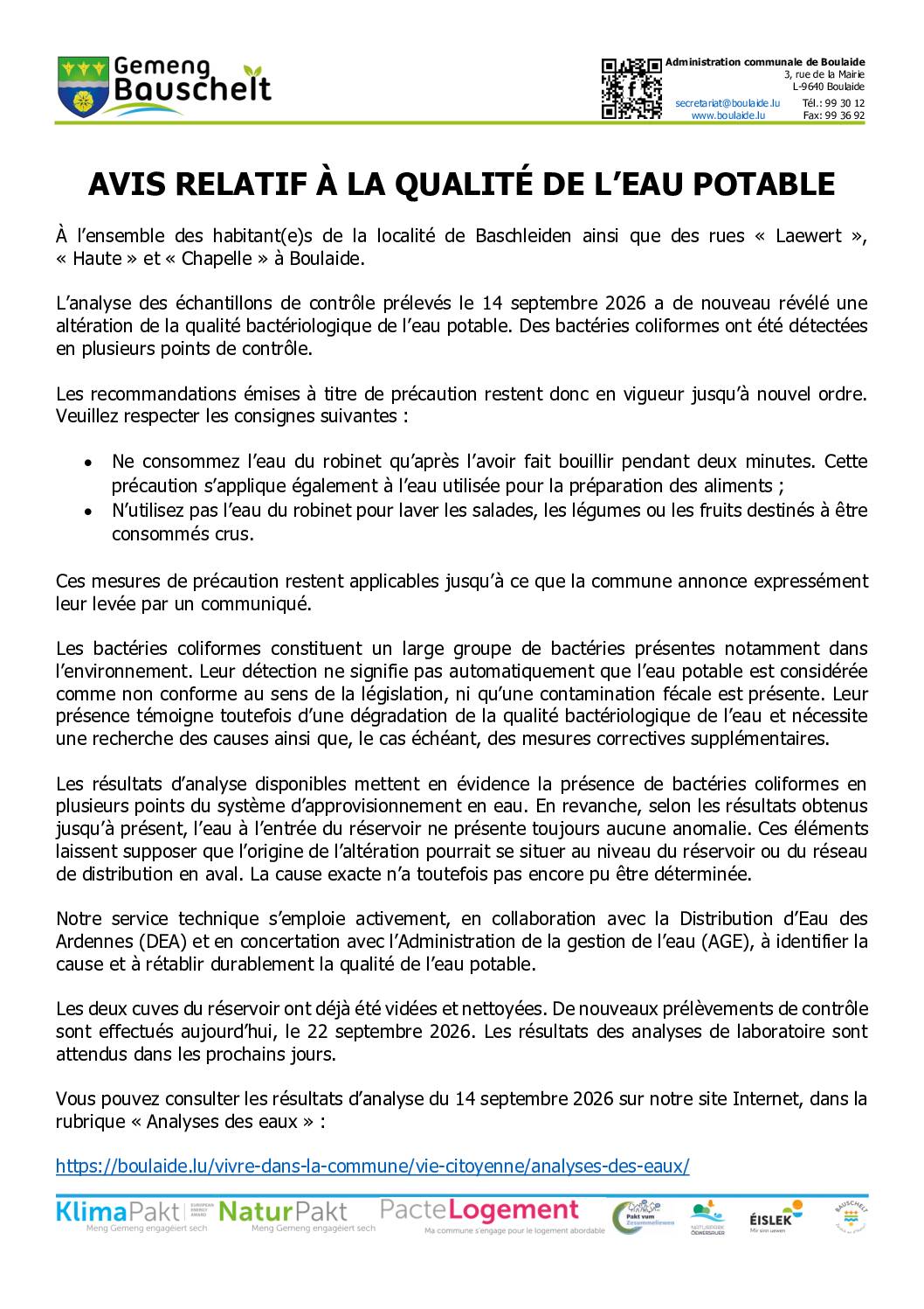 Avis relatif à la quallité de l'eau potable
