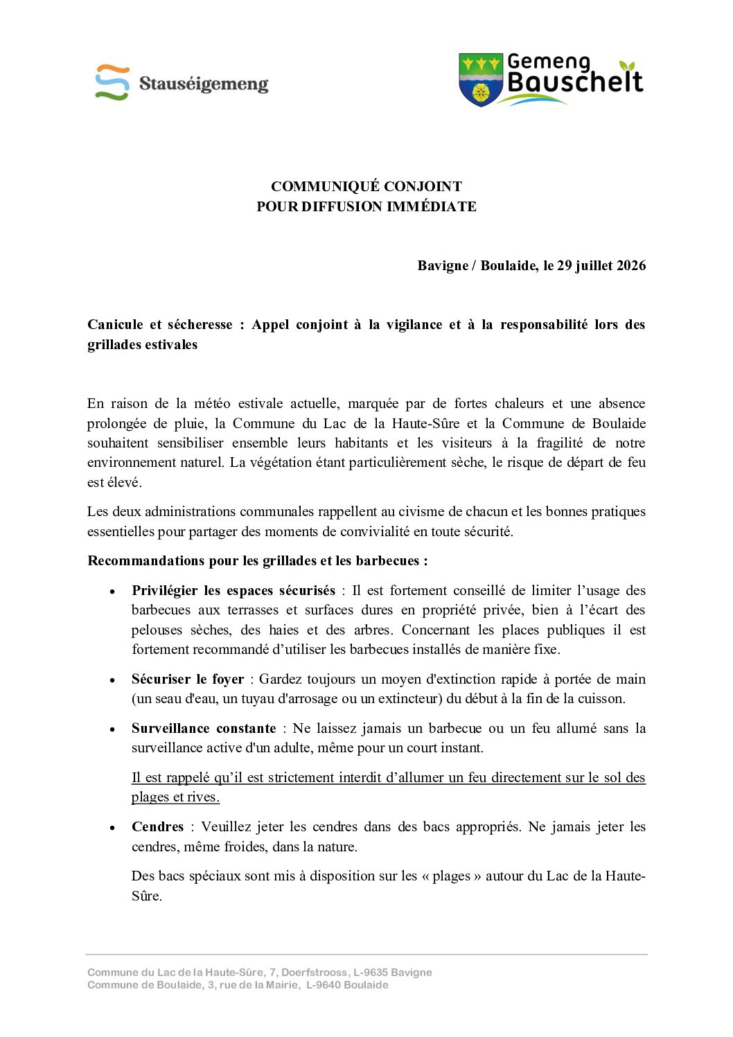 Communiqué conjoint grillades