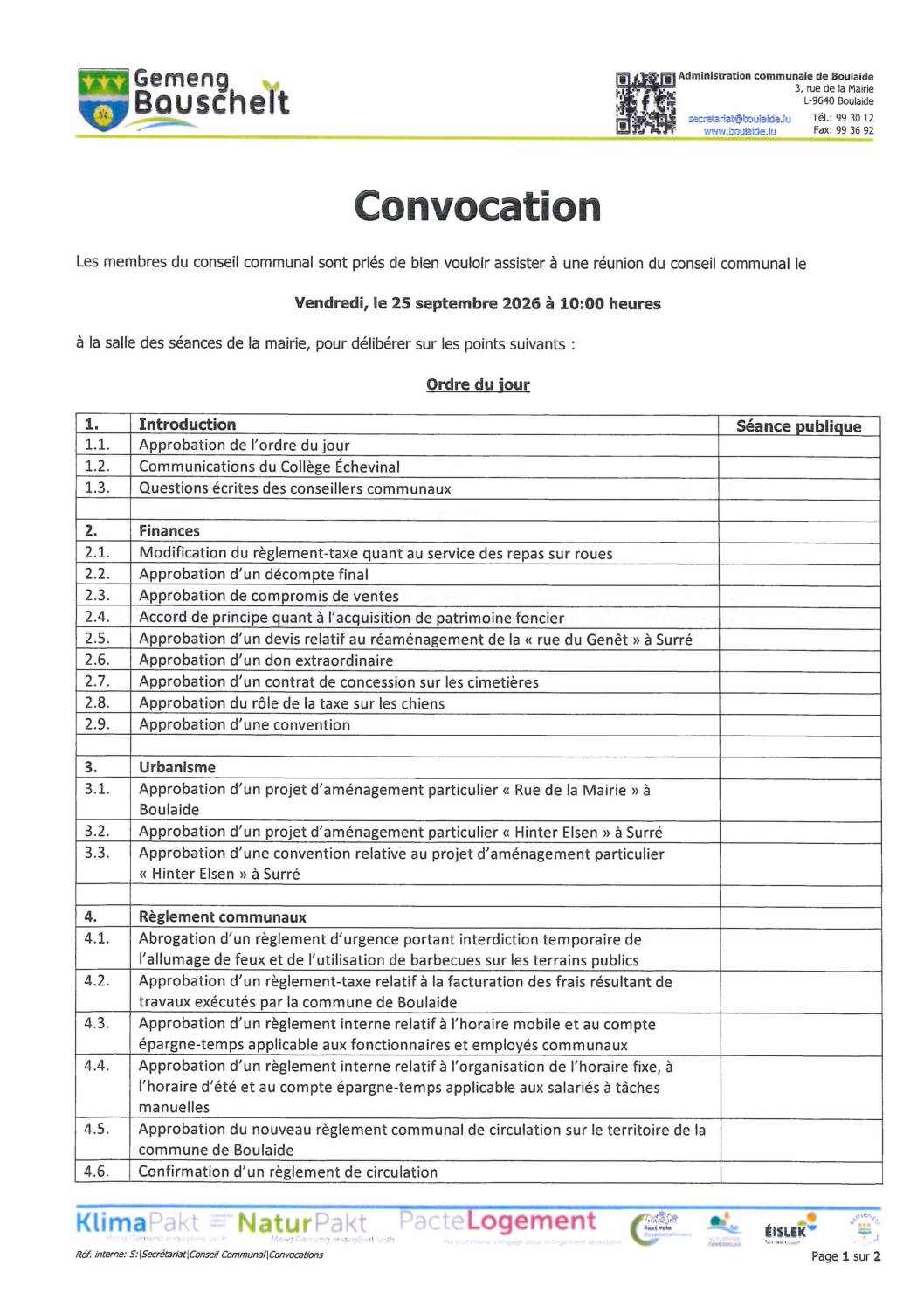 Conseil Communal - Convocation à la réunion du 25.09.2026