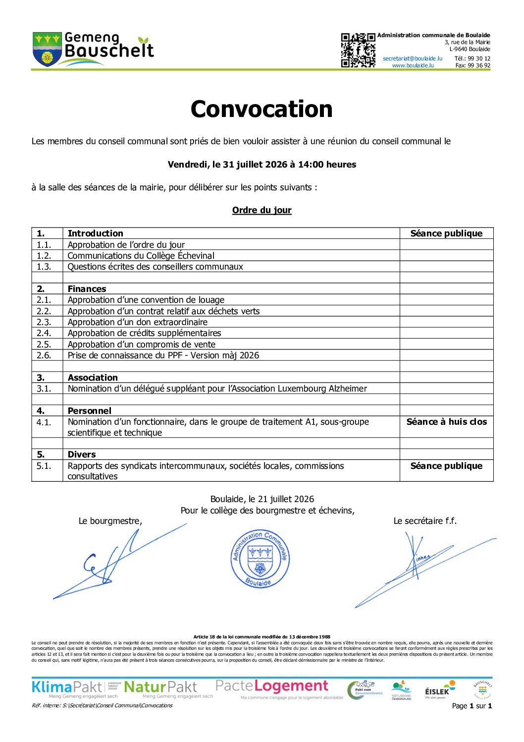Convocation - Conseil Communal 31.7.2026