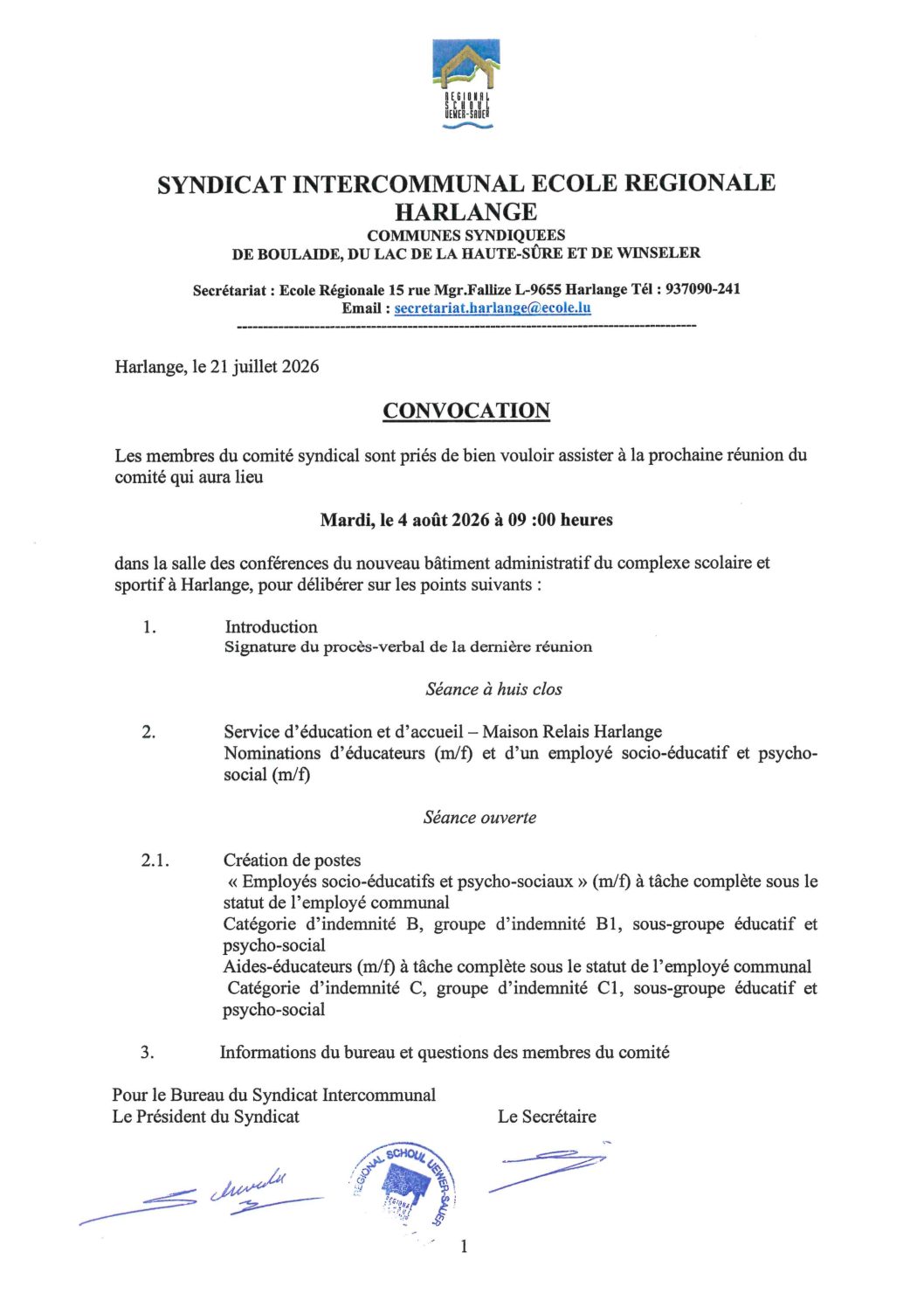Convocation - Ecole Harlange - 04.08.2026