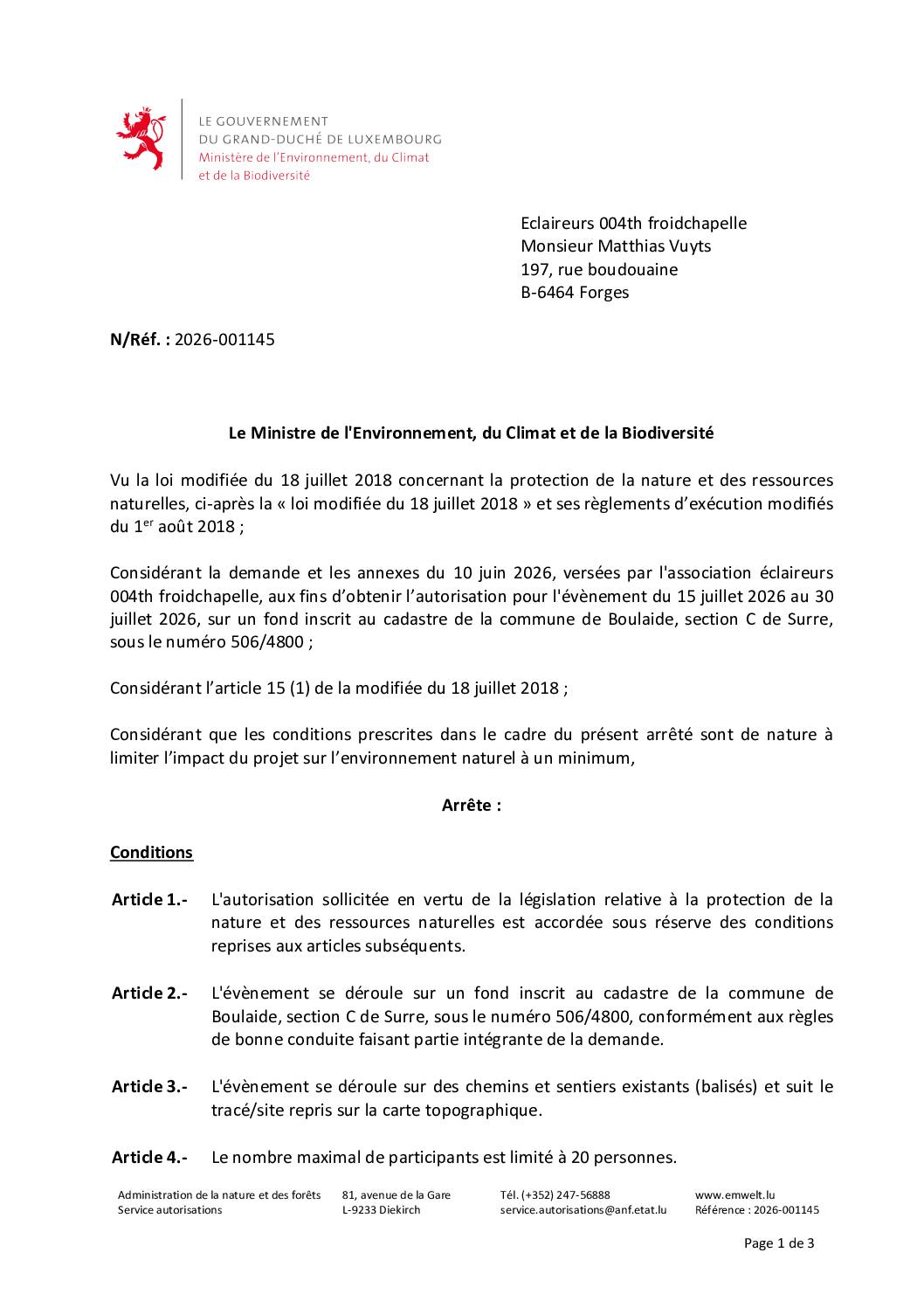 MENV - Autorisation - 2026-001145 - Eclaireurs 004th froidchapelle