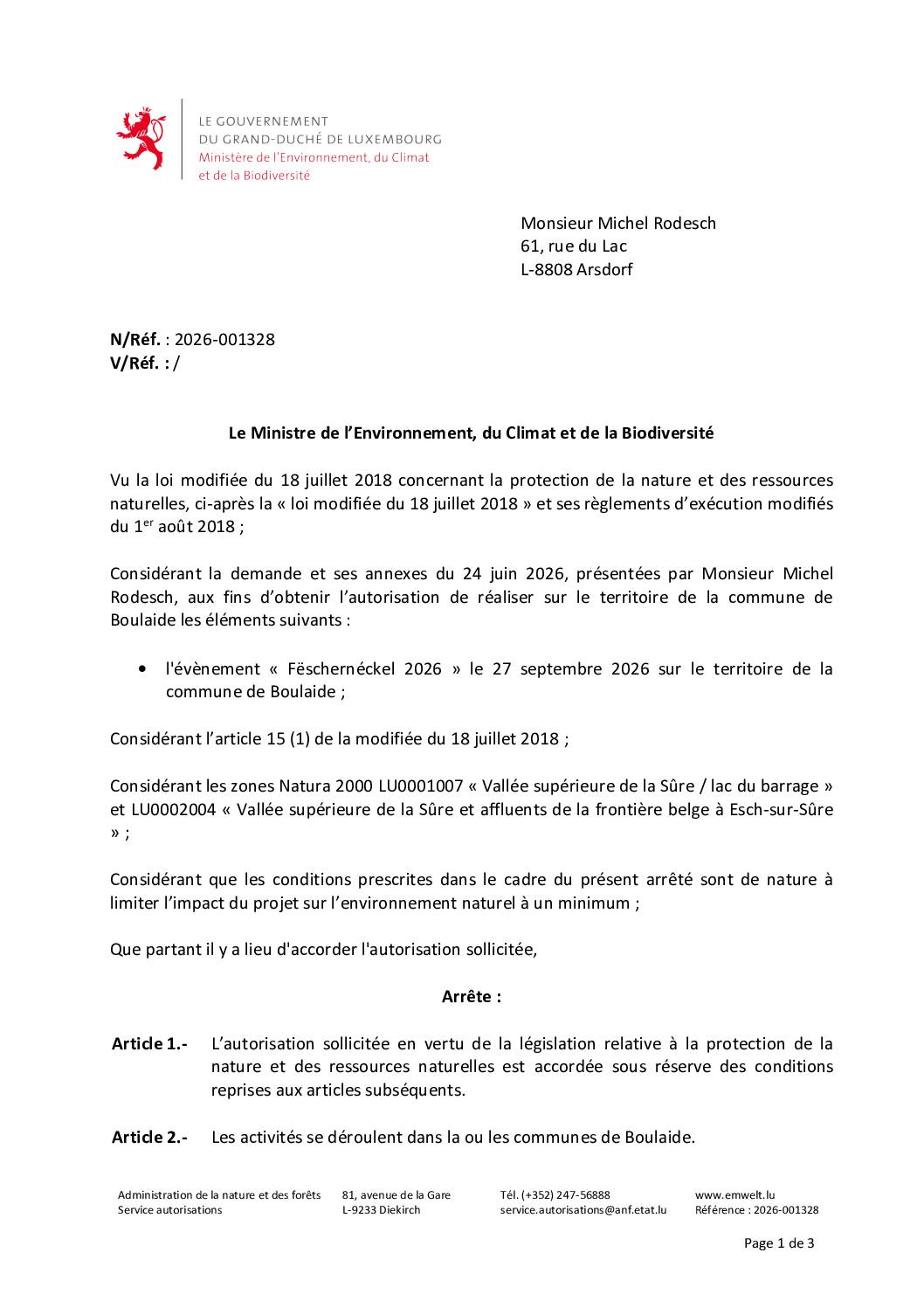 MENV - Autorisation - 2026-001328 - Monsieur Michel Rodesch
