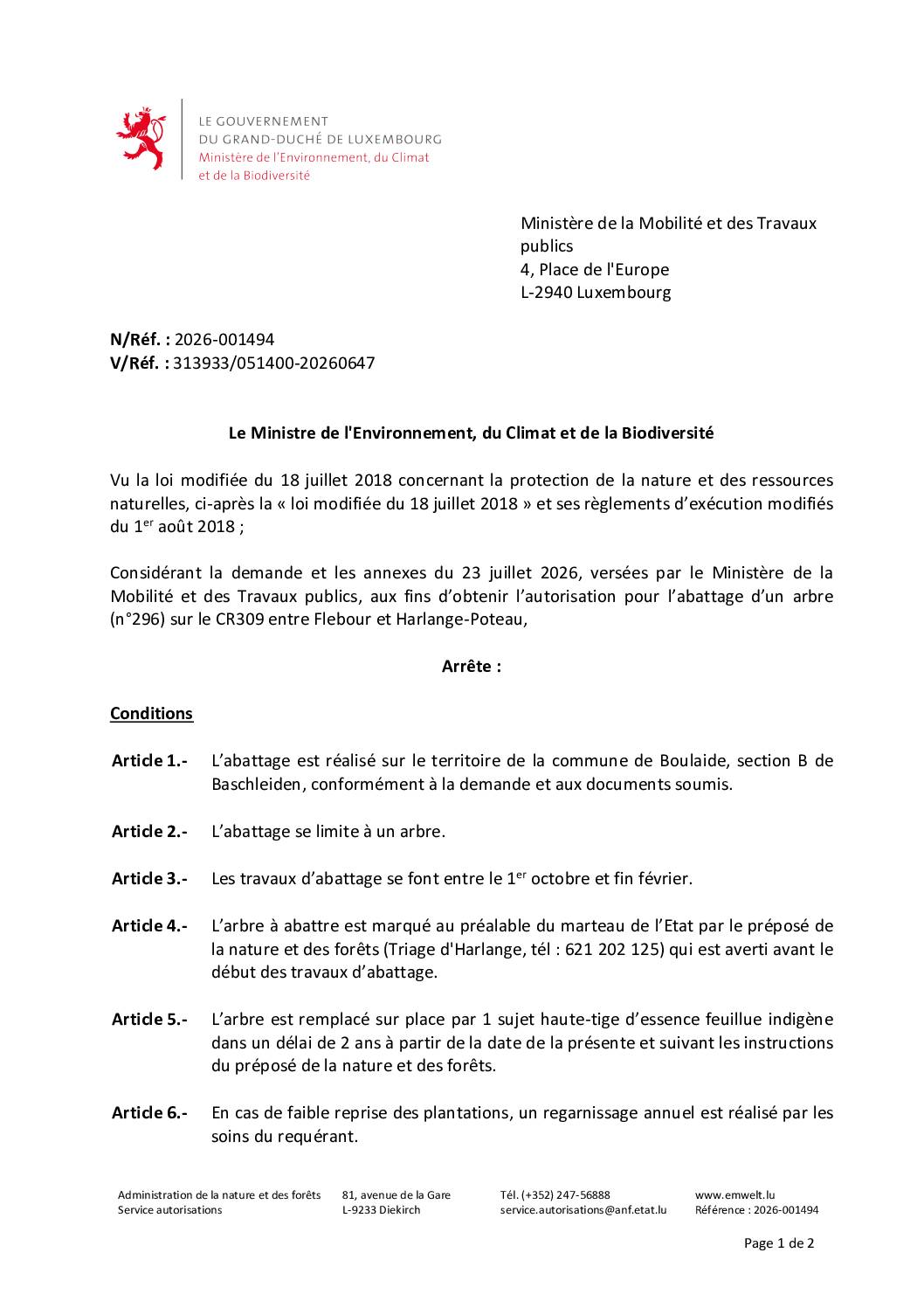 MENV - Autorisation - 2026-001494 - Ministère de la Mobilité et des Travaux publics