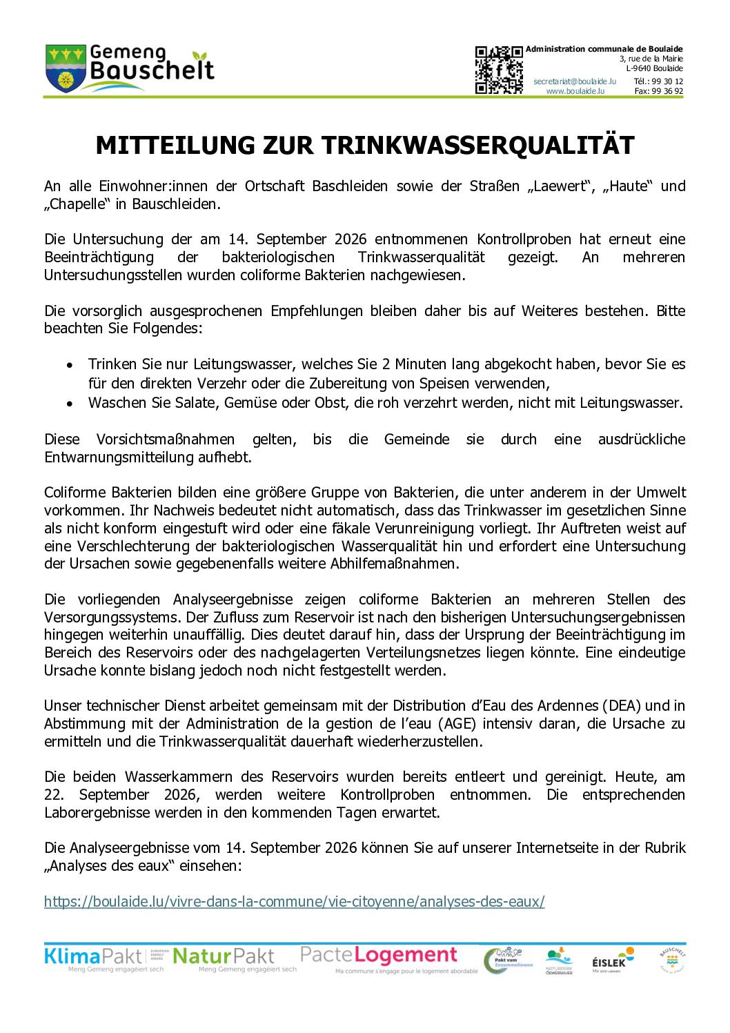 Mitteilung zur Trinkwasserqualität