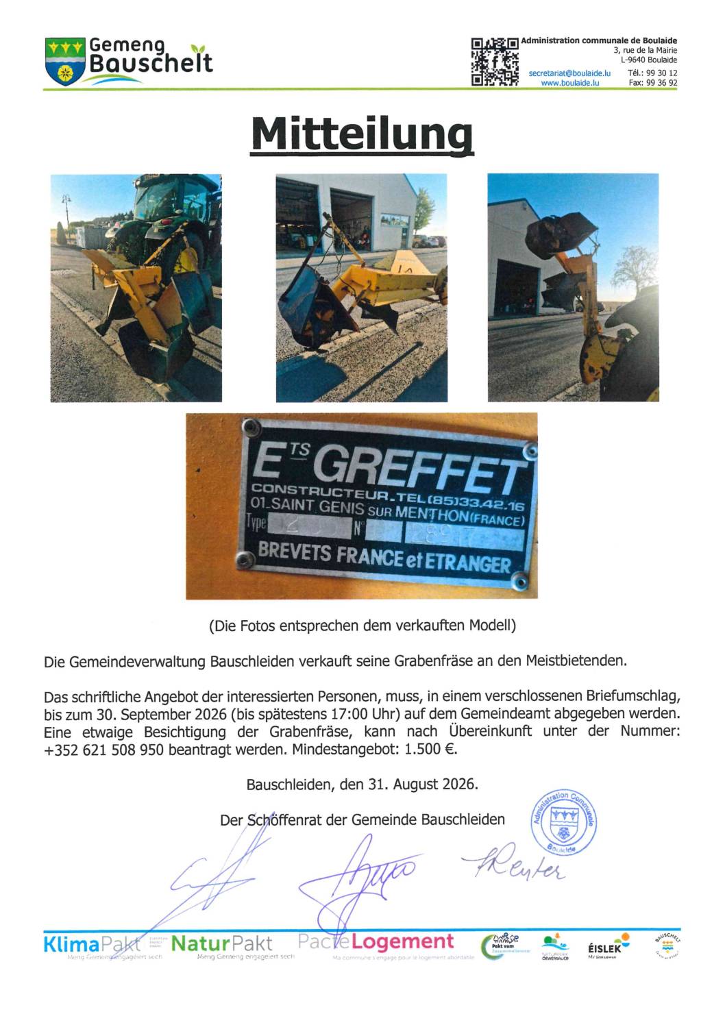 Öffentliche Mitteilung - Verkauf einer Grabenfräse