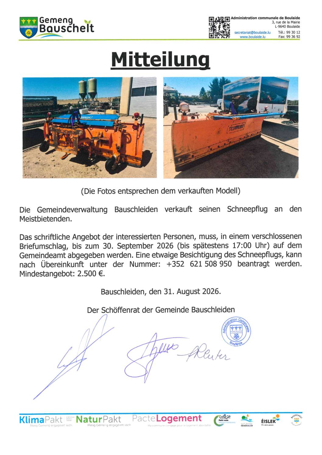 Öffentliche Mitteilung - Verkauf eines Schneepflugs