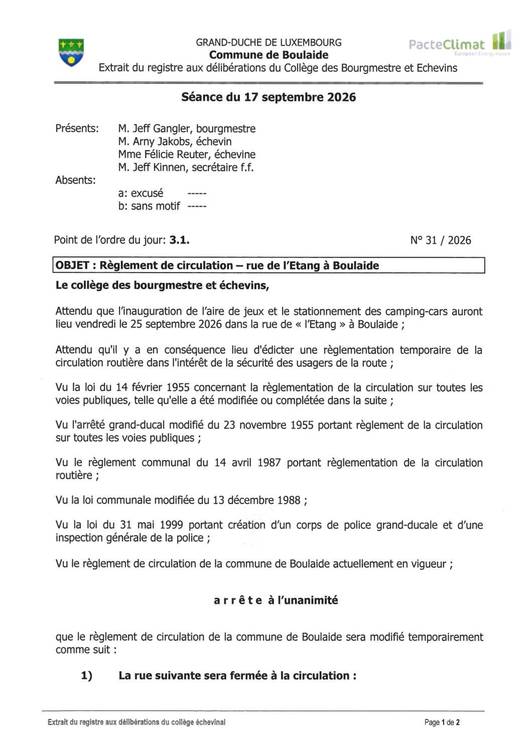 Règlement temporaire de circulation - 2026-09-24 au 25 - Rue de l'Etang à Boulaide